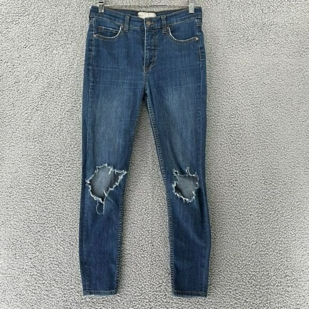 Free People High Rise Skinny‎ Jeans 27 Distressed Ripped Knee Medium Wash Denim